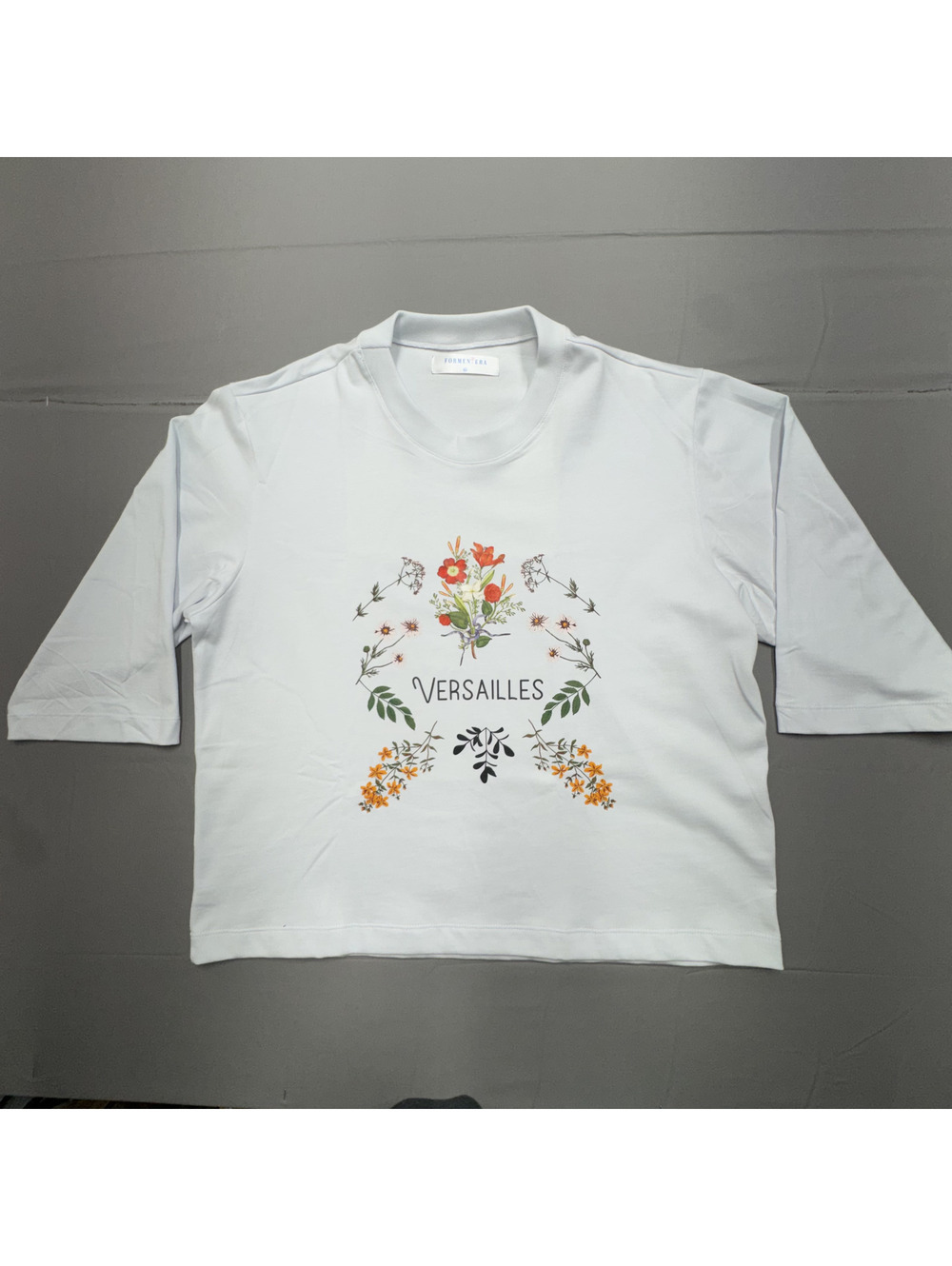 Formentera Women XL Versailles Floral Graphic Crop T-Shirt Light Blue 3/4 Sleeve